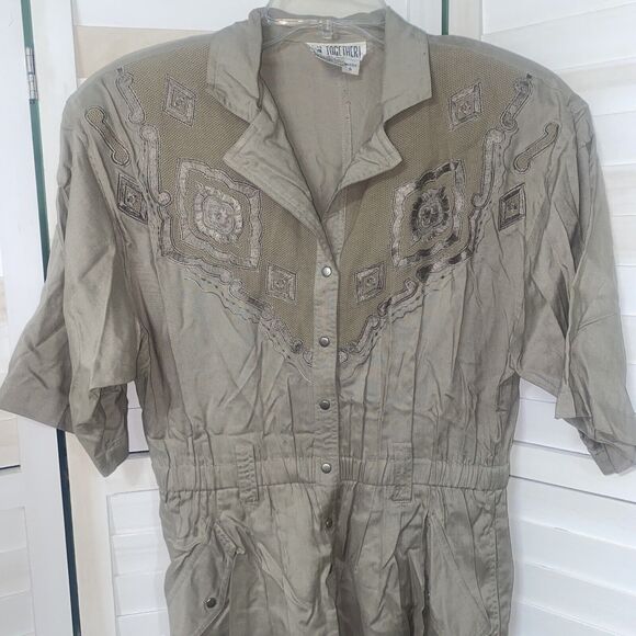 Vintage 80s Together Khaki Playsuit Shorts Romper 1 Piece Missy Sz 6 - Picture 2 of 9